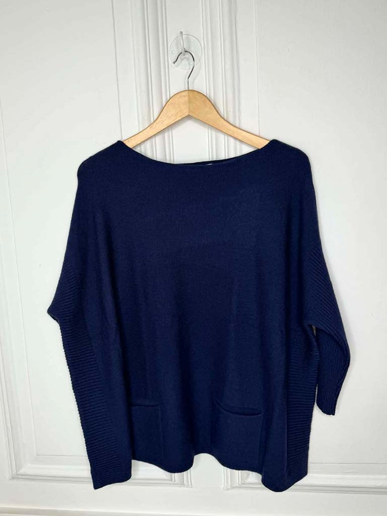 Ribbed Sleeve Pocket Knit - Navy
