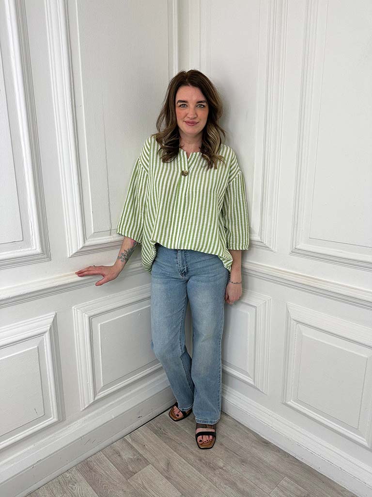 Stripe Button Top - Avocado