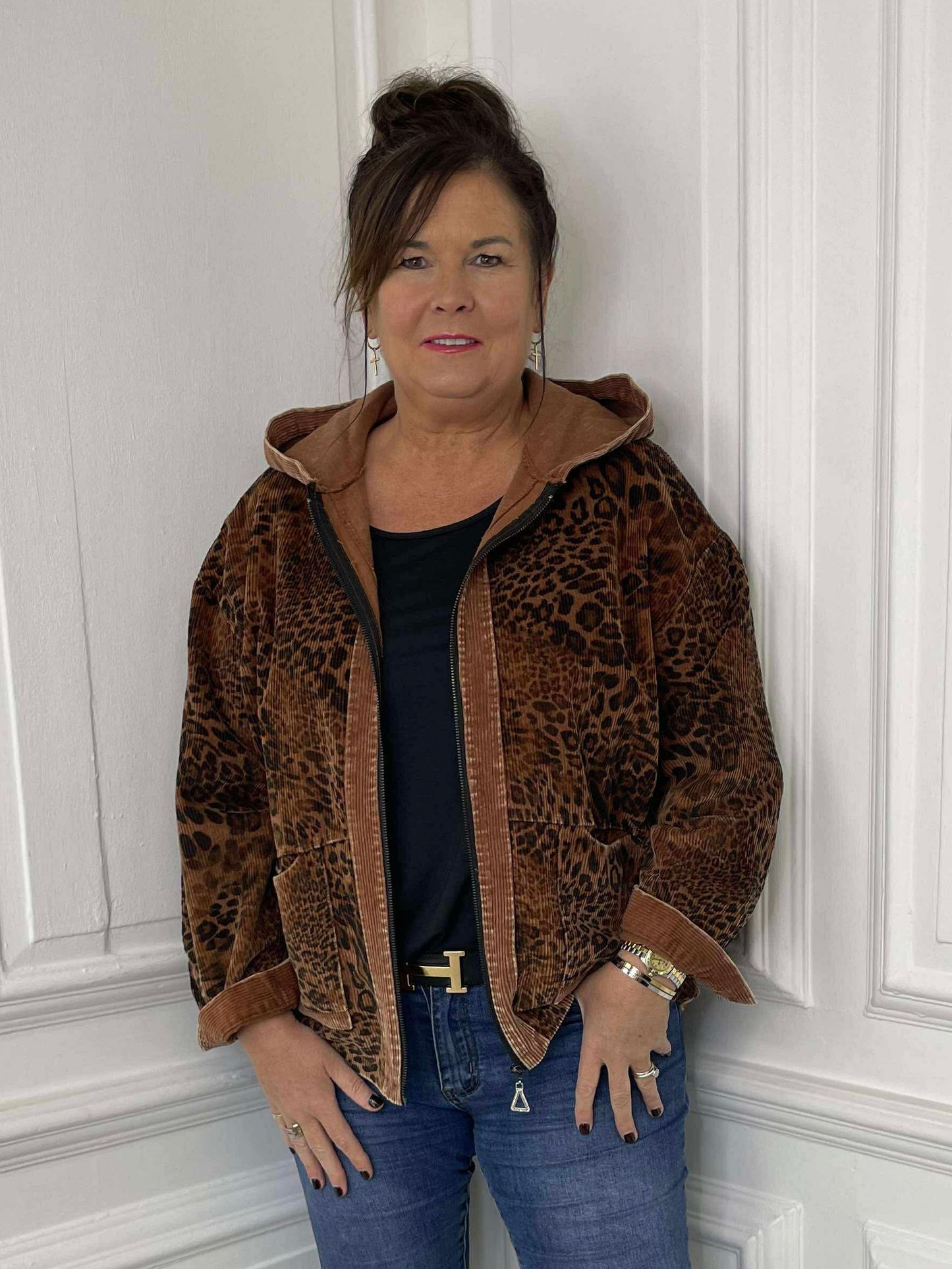 Leopard Cord Hooded Jacket