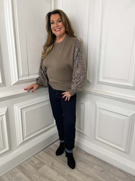 Sequin Lace Sleeve Knit - Taupe