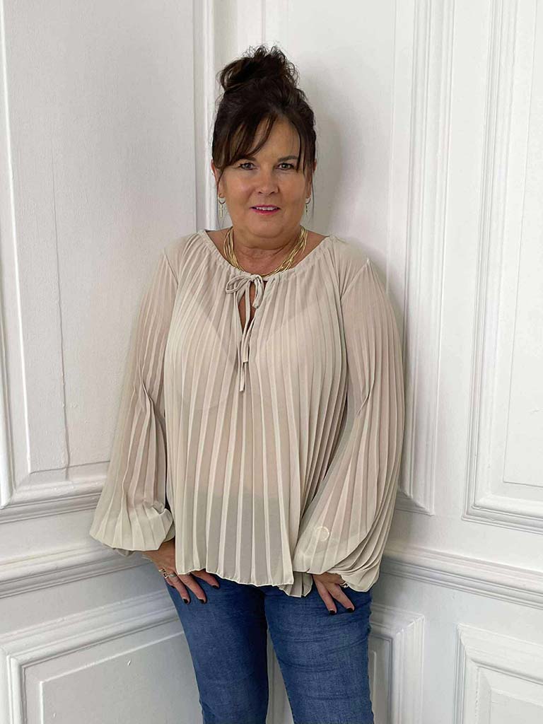 Pleat Balloon Sleeve Top - Stone