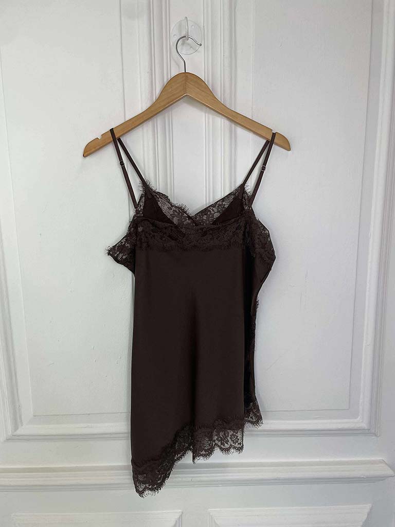 Lace Trim Asymmetric Cami Top - Chocolate