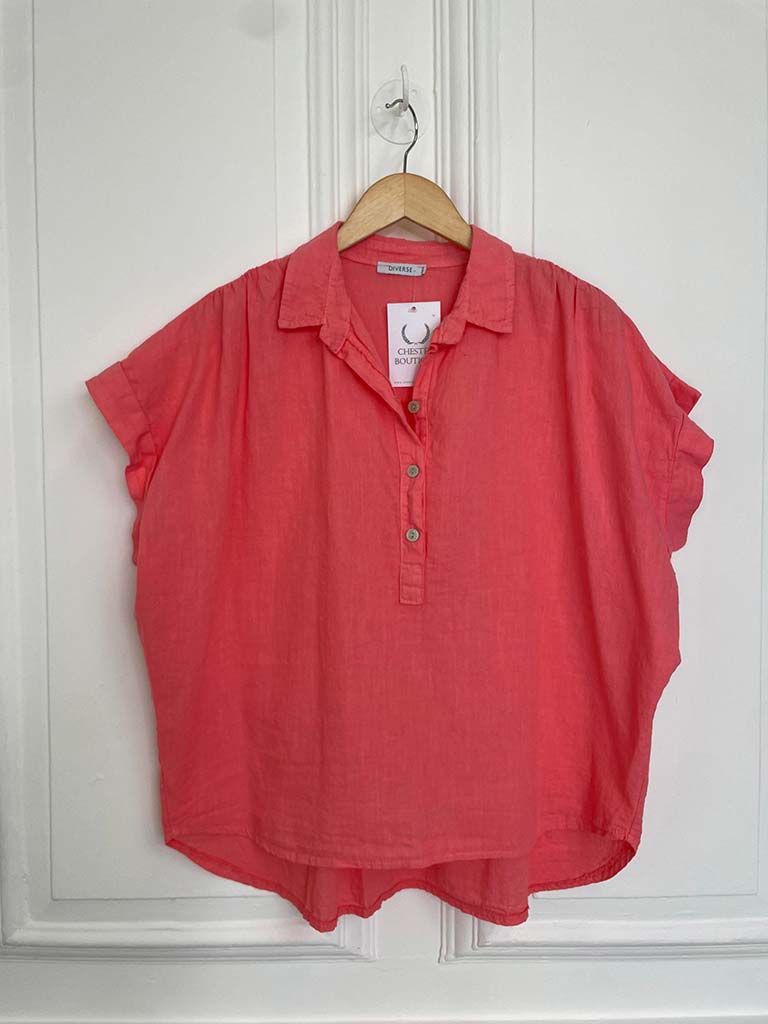 Cotton & Linen Popover Shirt - Coral