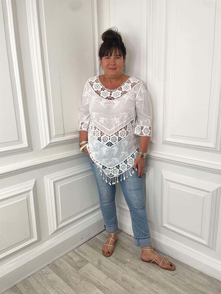 Floral Crochet Fringed Top - White