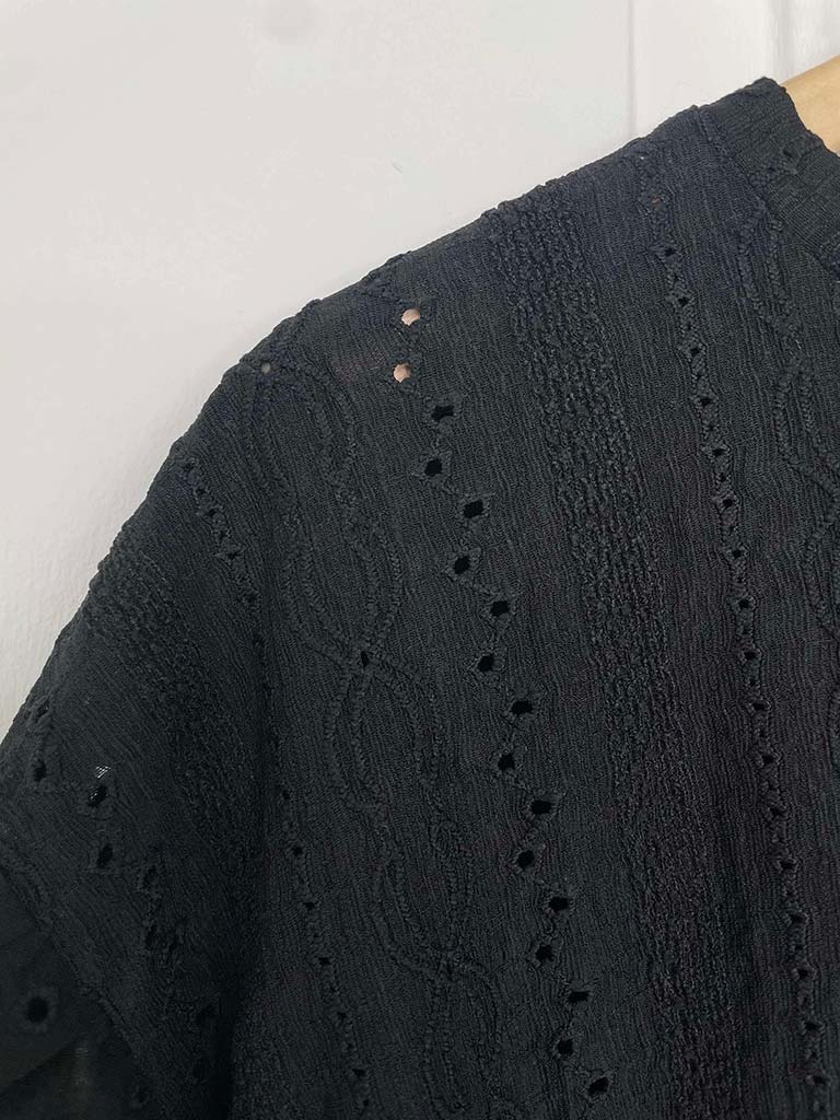 Broderie Anglaise Frill Sleeve Tee - Black