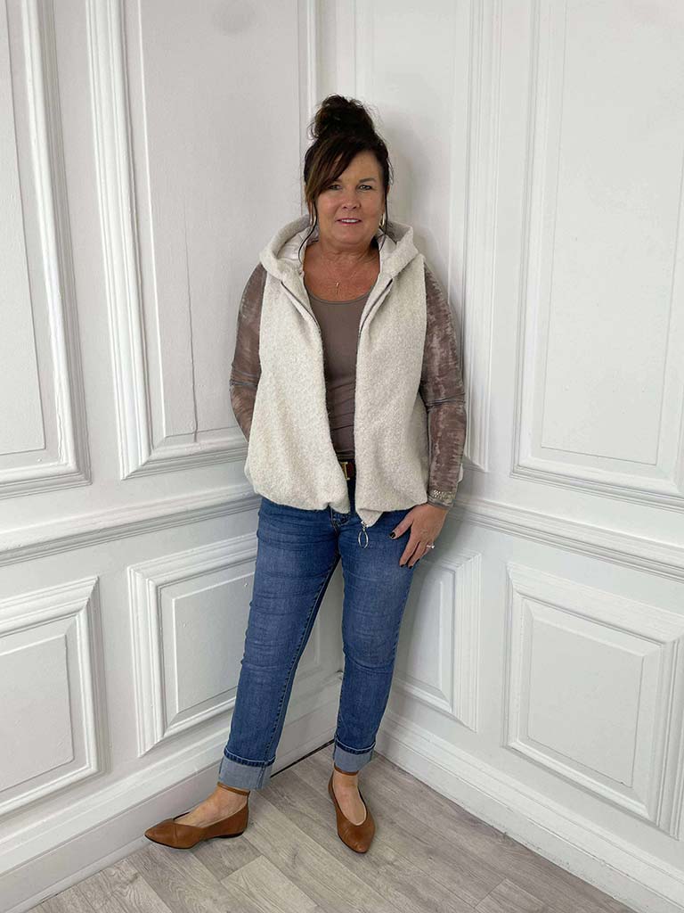 Bubble Hem Hooded Gilet - Stone
