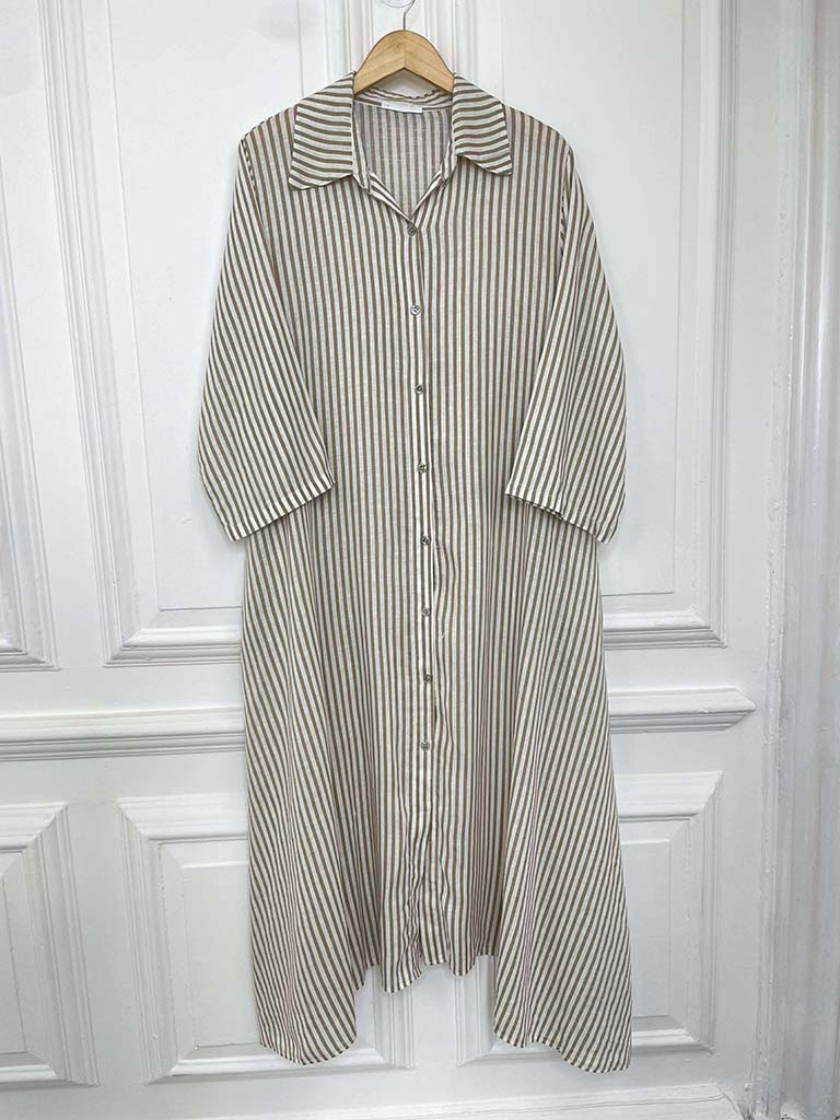 Linen Stripe Shirt Dress - Sand