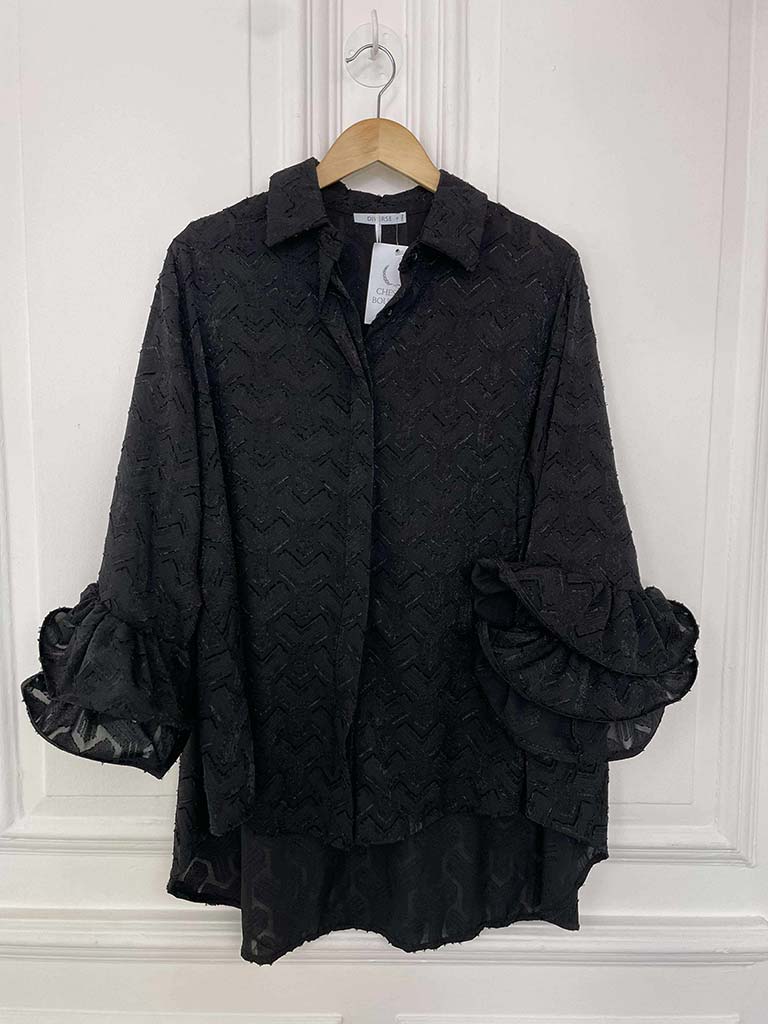 Embossed Frill Sleeve Shirt - Black