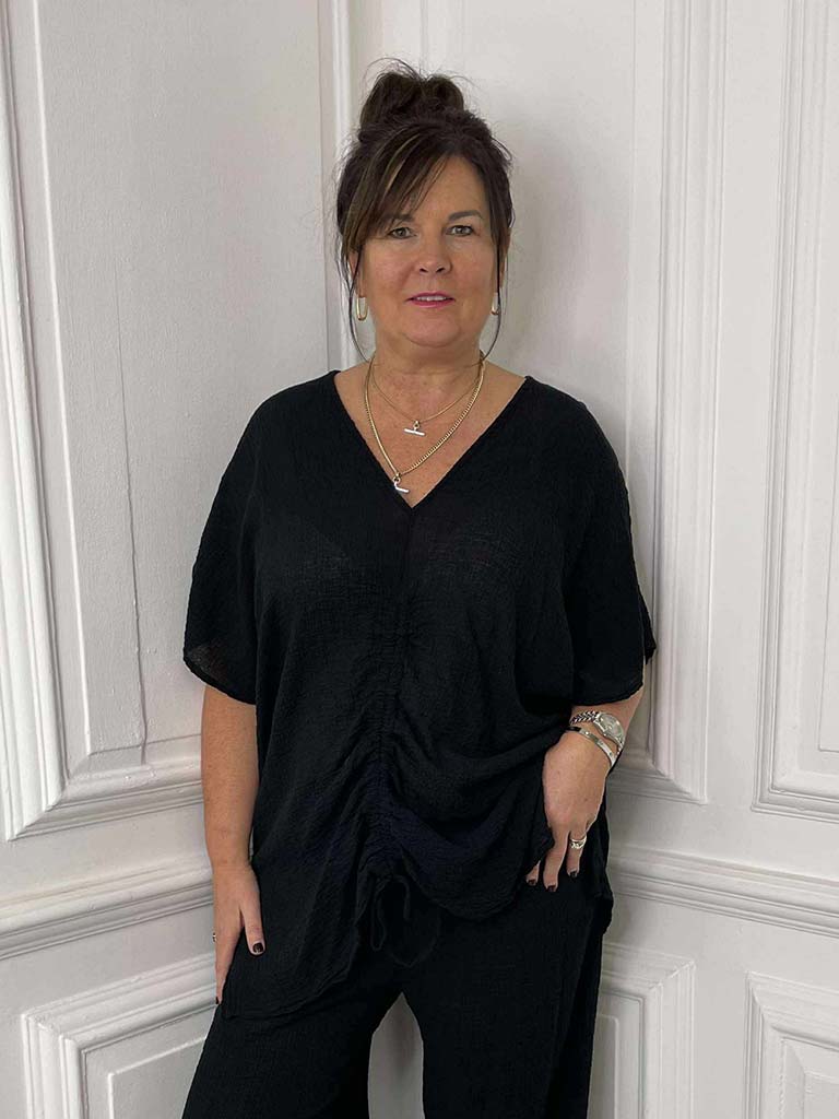Seersucker Drawstring Top - Black