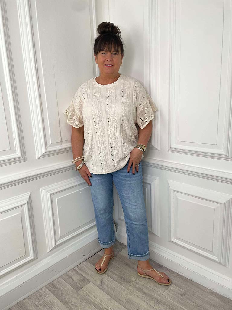 Broderie Anglaise Frill Sleeve Tee - Ecru