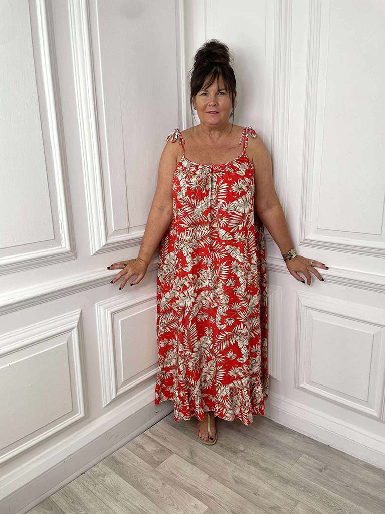 Gold Leaf Tie Strap Dress - Red