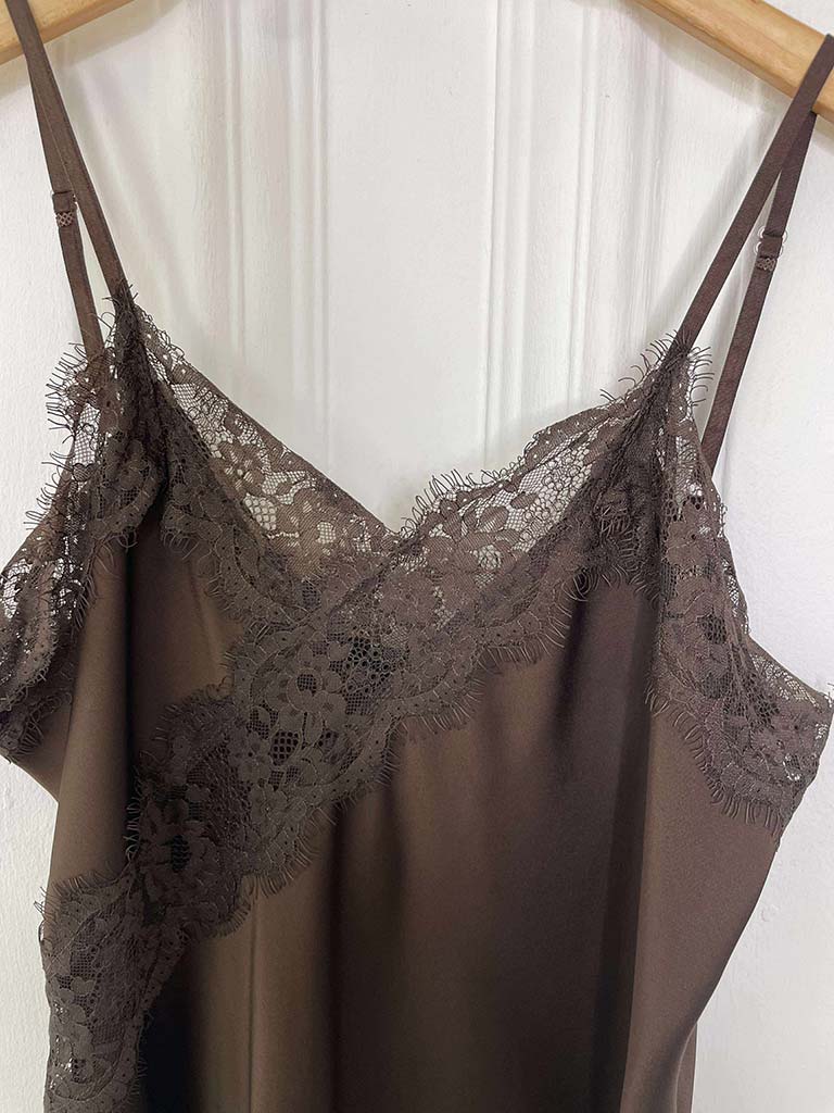Lace Trim Asymmetric Cami Top - Chocolate