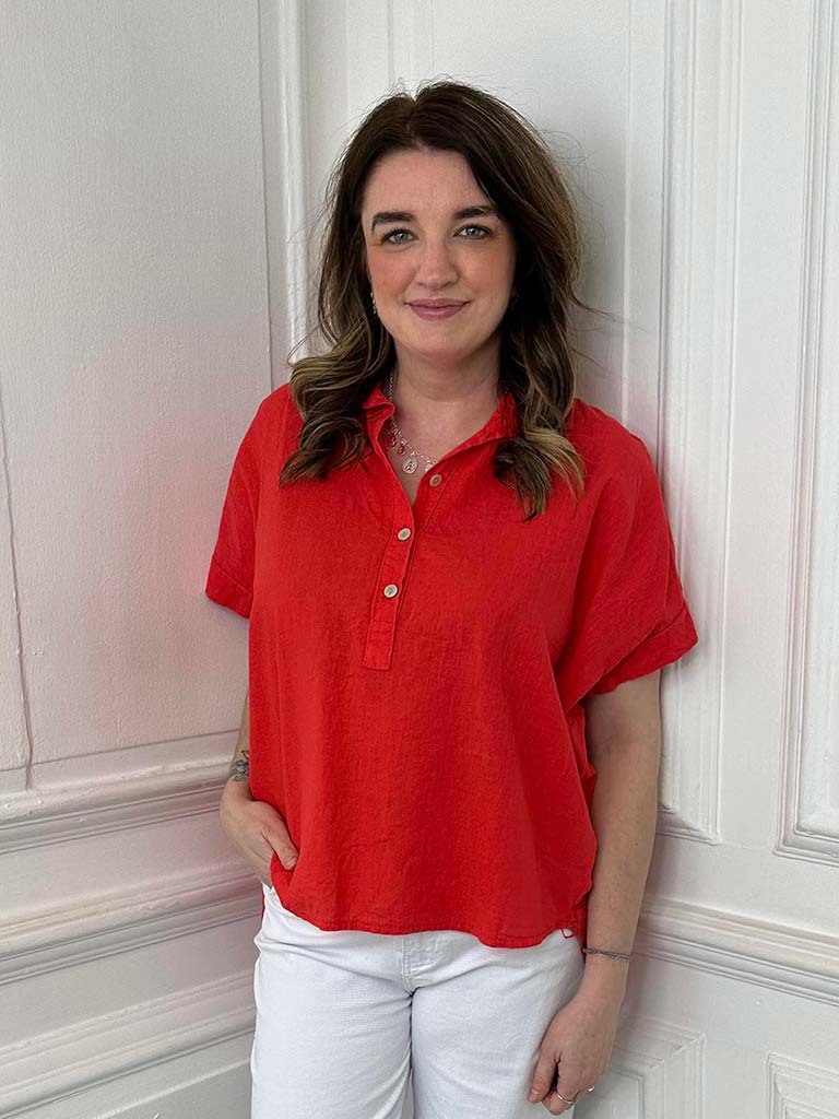 Cotton & Linen Popover Shirt - Lipstick Red