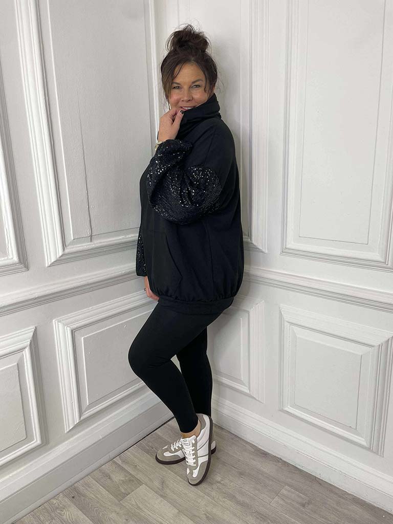 Sequin Sleeve Hoodie - Black