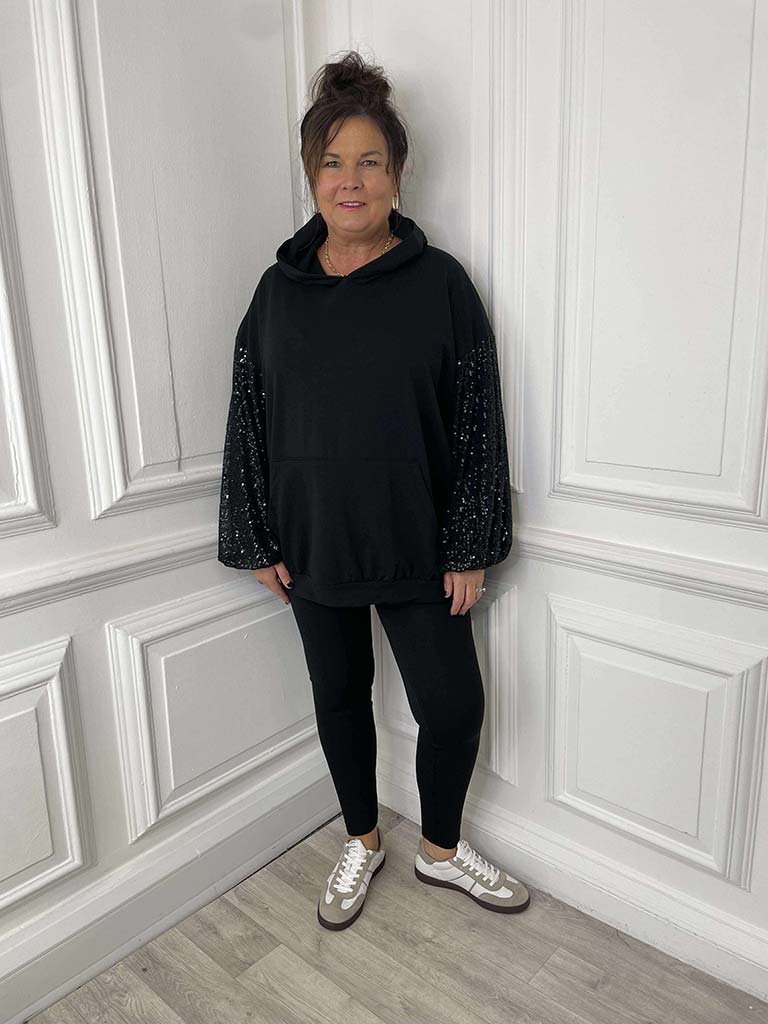 Sequin Sleeve Hoodie - Black
