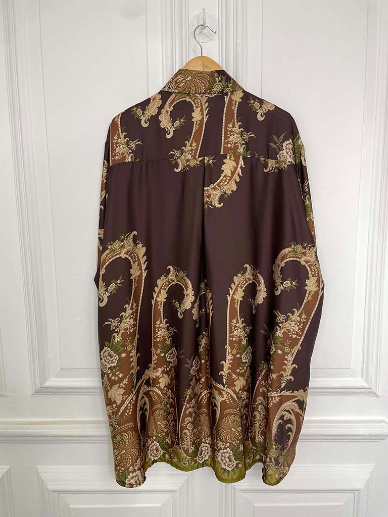 Ornate Floral Silk Feel Shirt - Chocolate