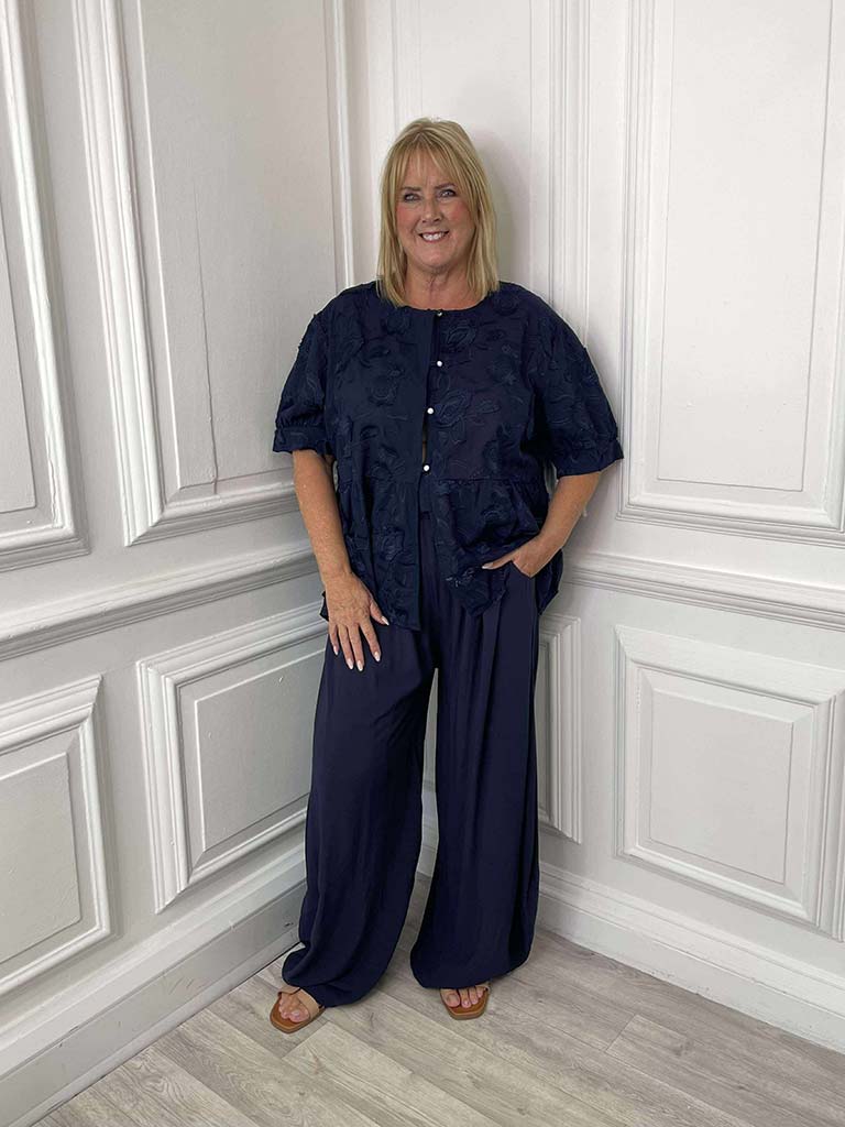Floral Embroidery Smock Top - Navy