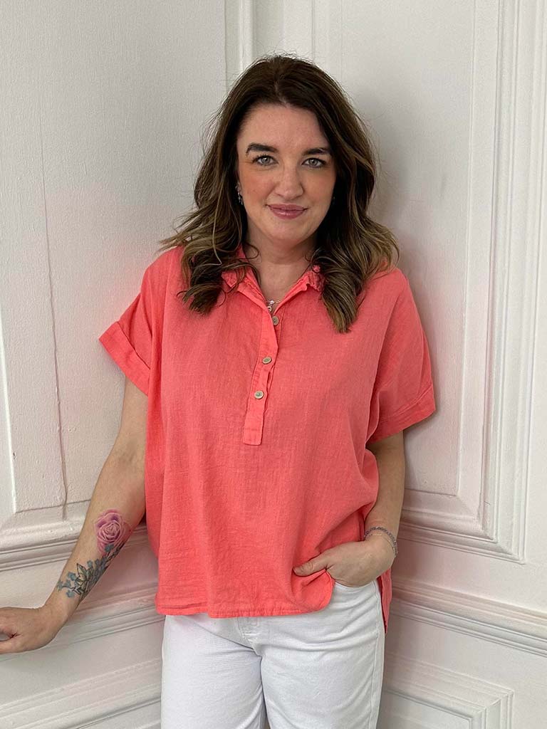 Cotton & Linen Popover Shirt - Coral