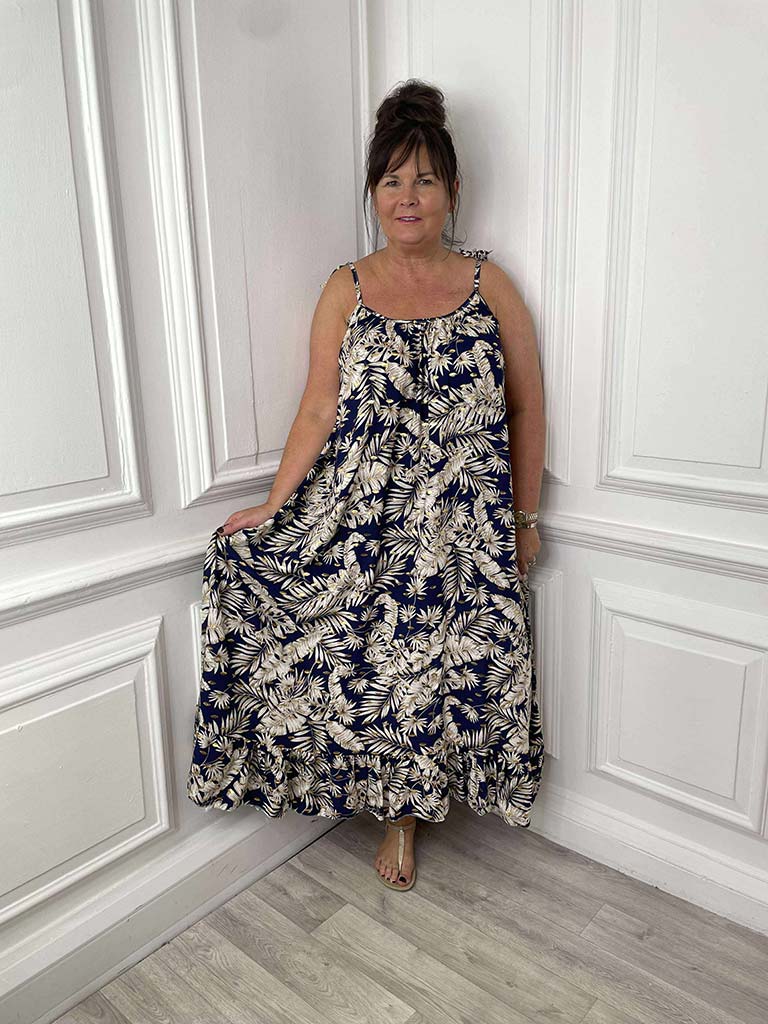 Gold Leaf Tie Strap Dress - Navy