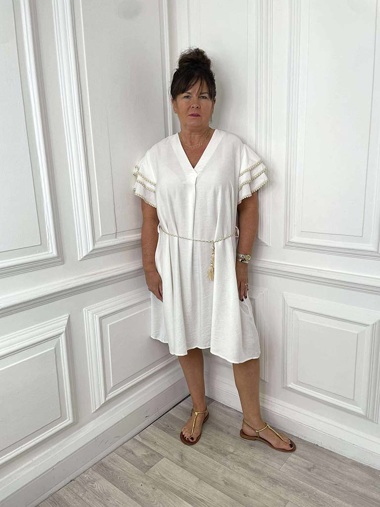 Crochet Frill Sleeve Dress - Ivory