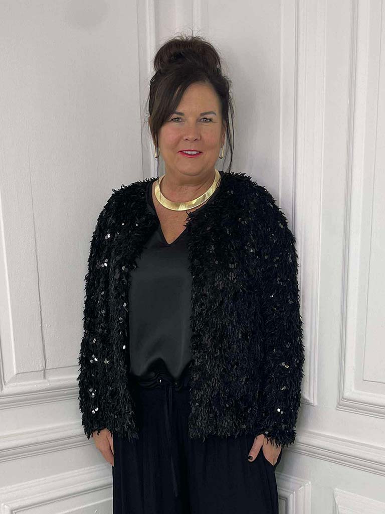 Faux Feather Sequin Jacket - Black