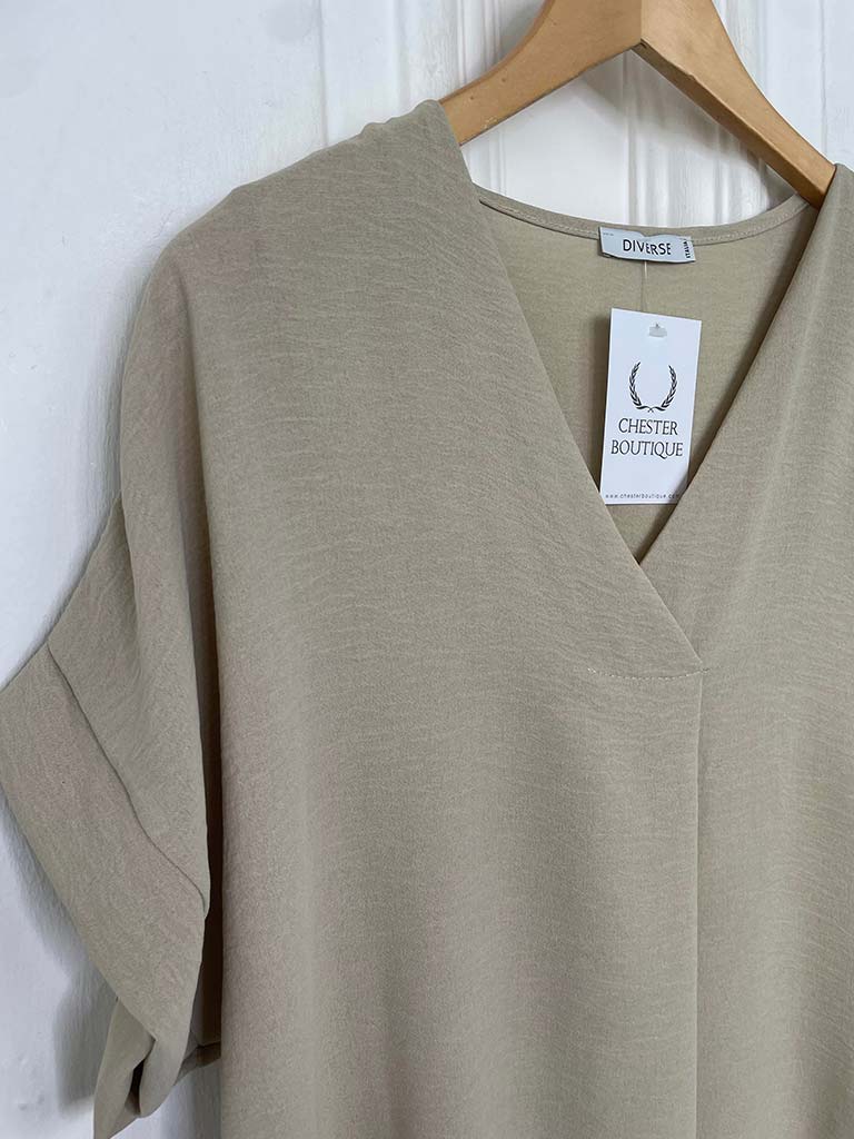 V-Neck Pleat Front Top - Stone
