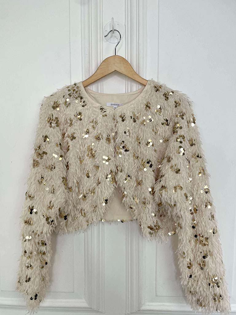 Cropped Faux Feather Sequin Jacket - Ecru