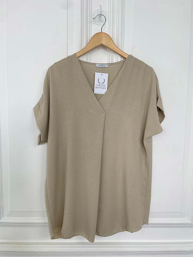 V-Neck Pleat Front Top - Stone