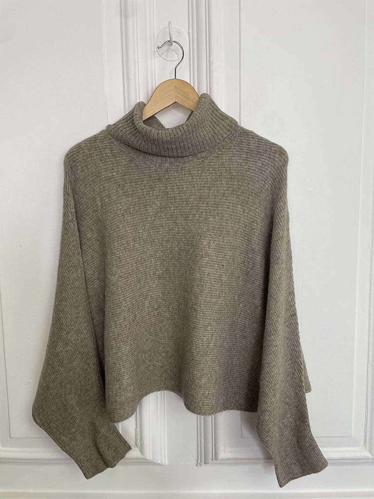 Ribbed Batwing Polo Knit - Biscuit