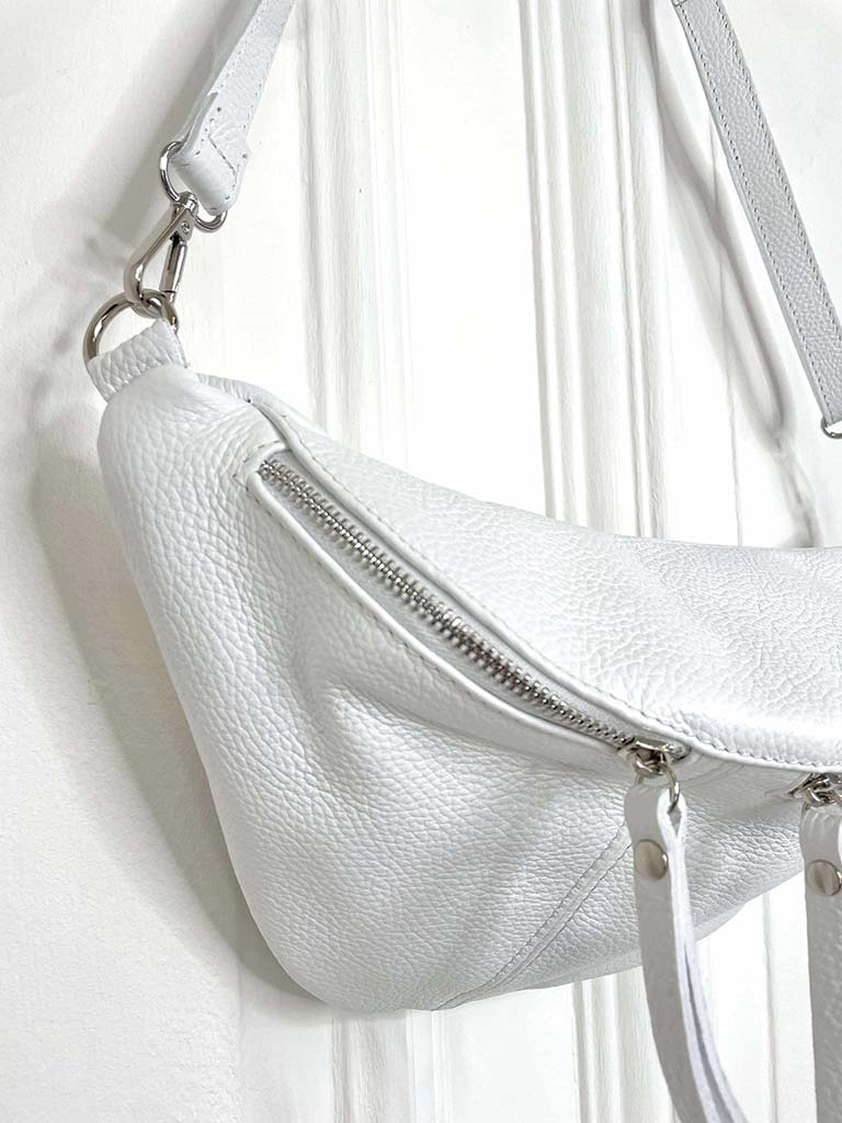 Leather Double Zip Bumbag - White