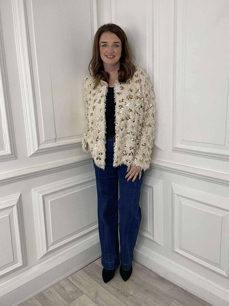 Faux Feather Sequin Jacket - Ecru