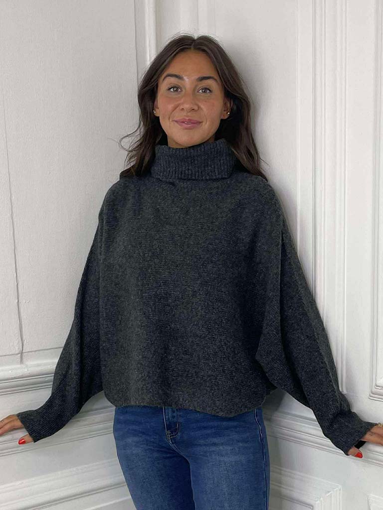 Ribbed Batwing Polo Knit - Charcoal