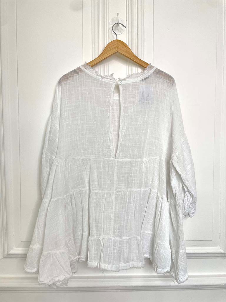 Cotton Balloon Sleeve Smock Top - White