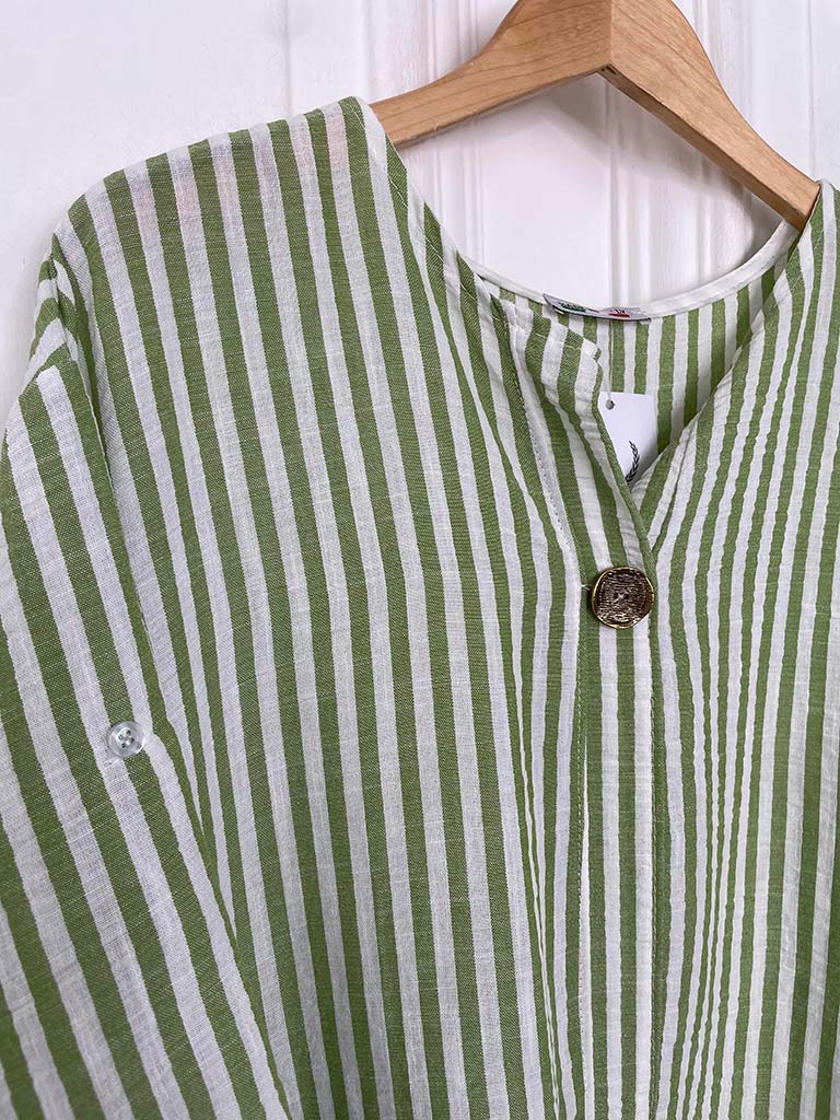 Stripe Button Top - Avocado