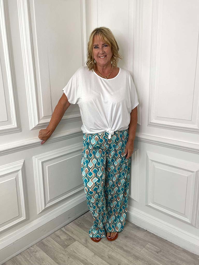 Wave Print Plissé Palazzos - Aqua