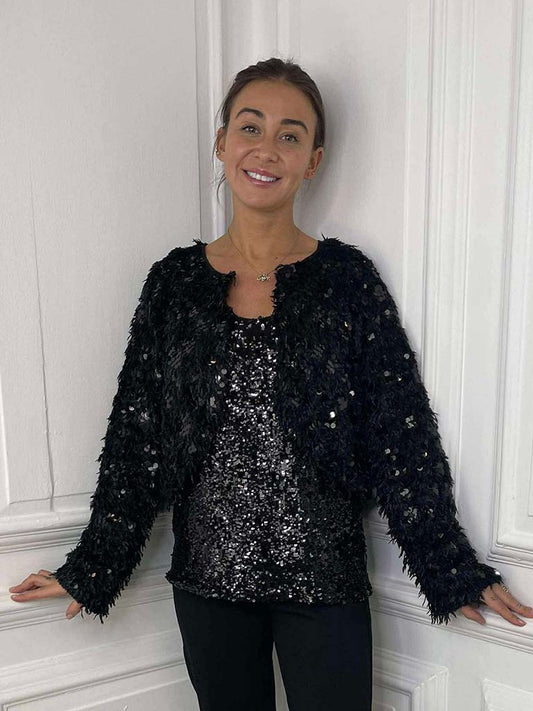 Cropped Faux Feather Sequin Jacket - Black