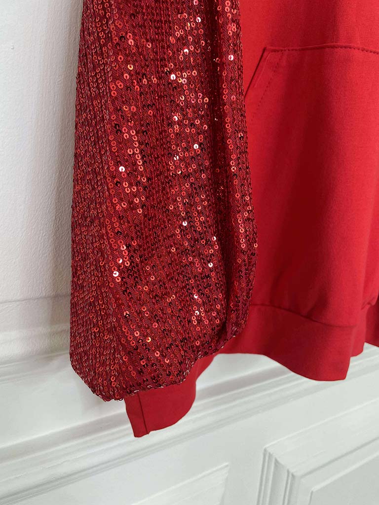 Sequin Sleeve Hoodie - Scarlet