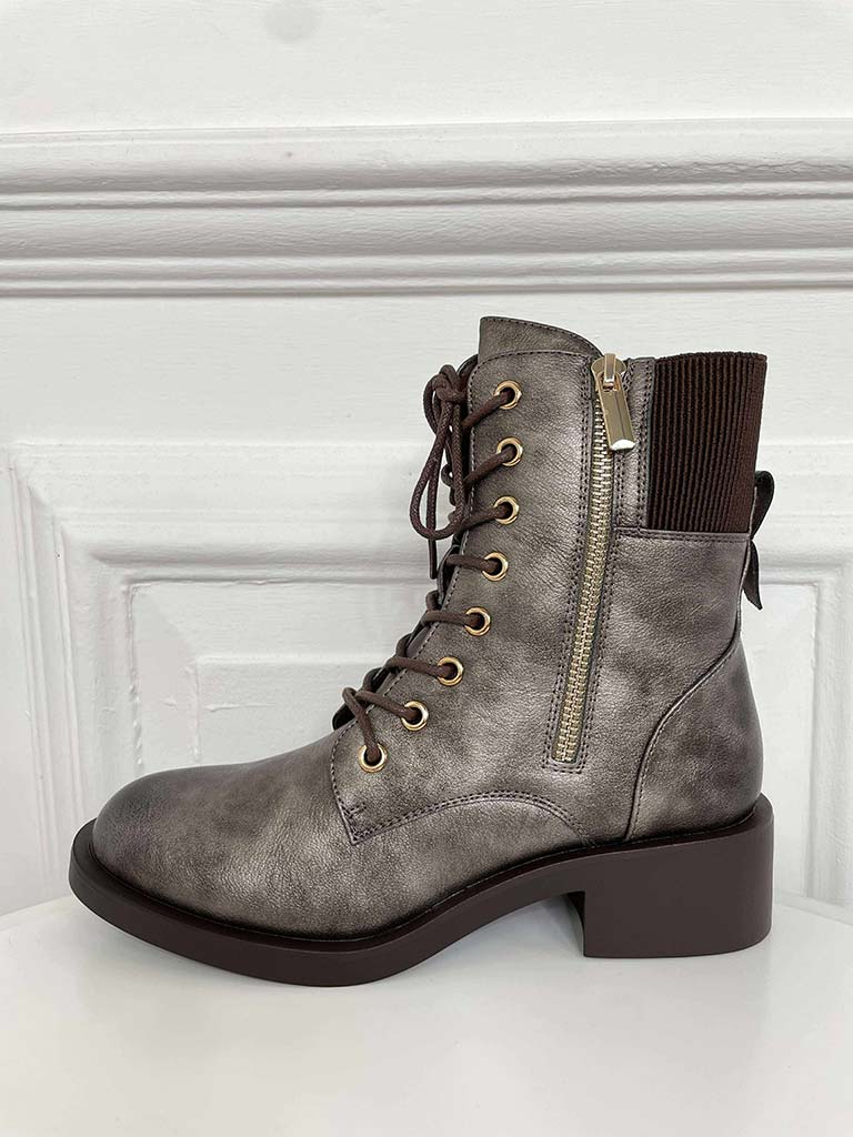 Faux Leather Lace Up Boots - Pewter