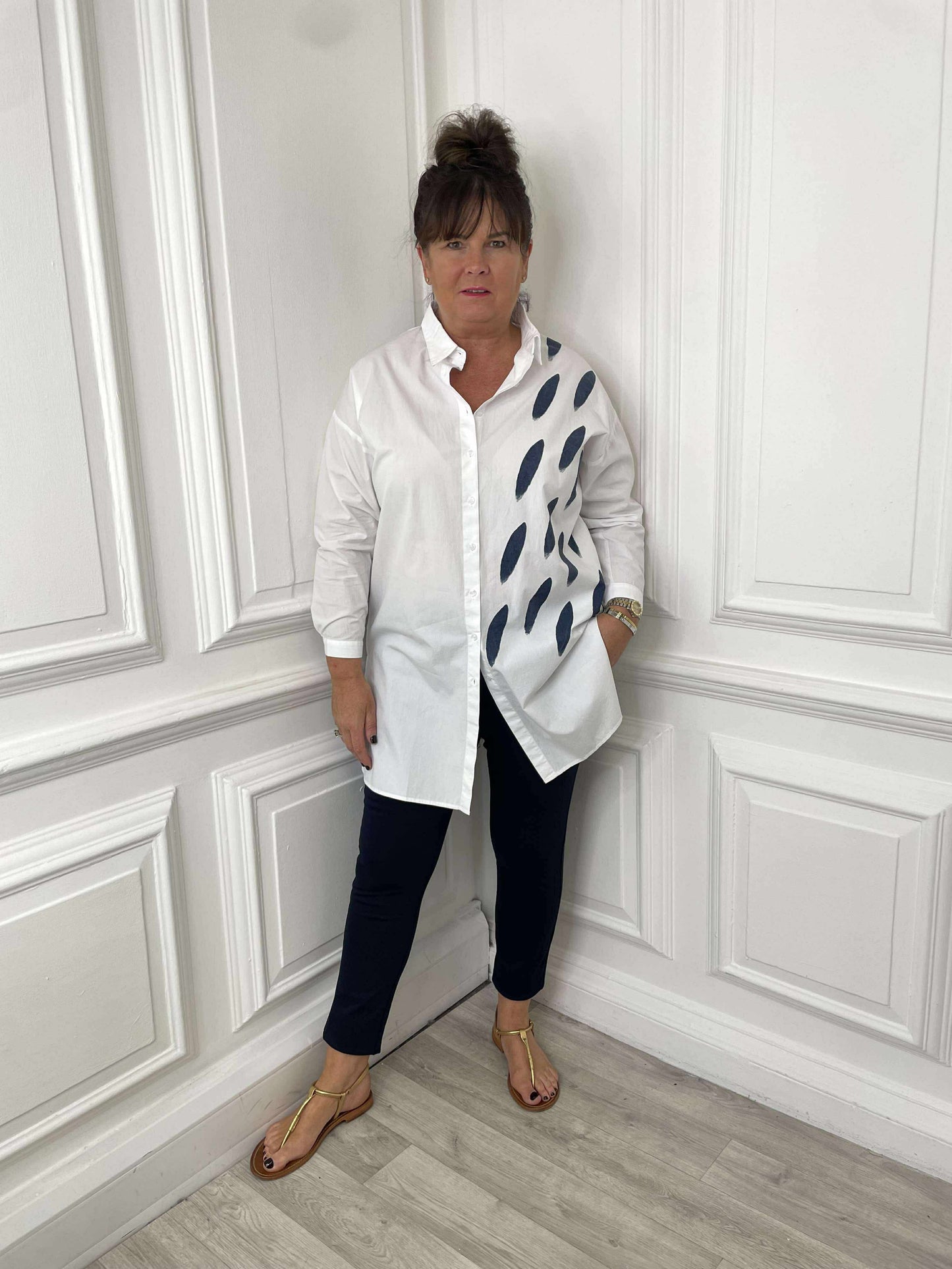 Cotton Spot Print Shirt - White & Navy