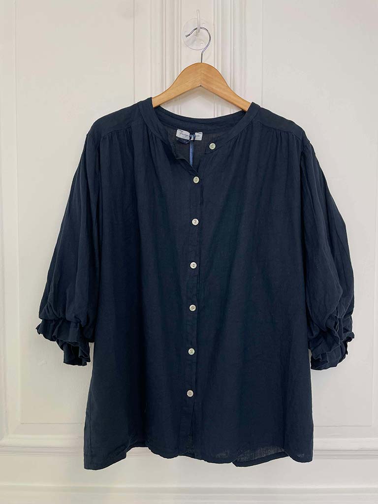 Cotton & Linen Peasant Top - Navy