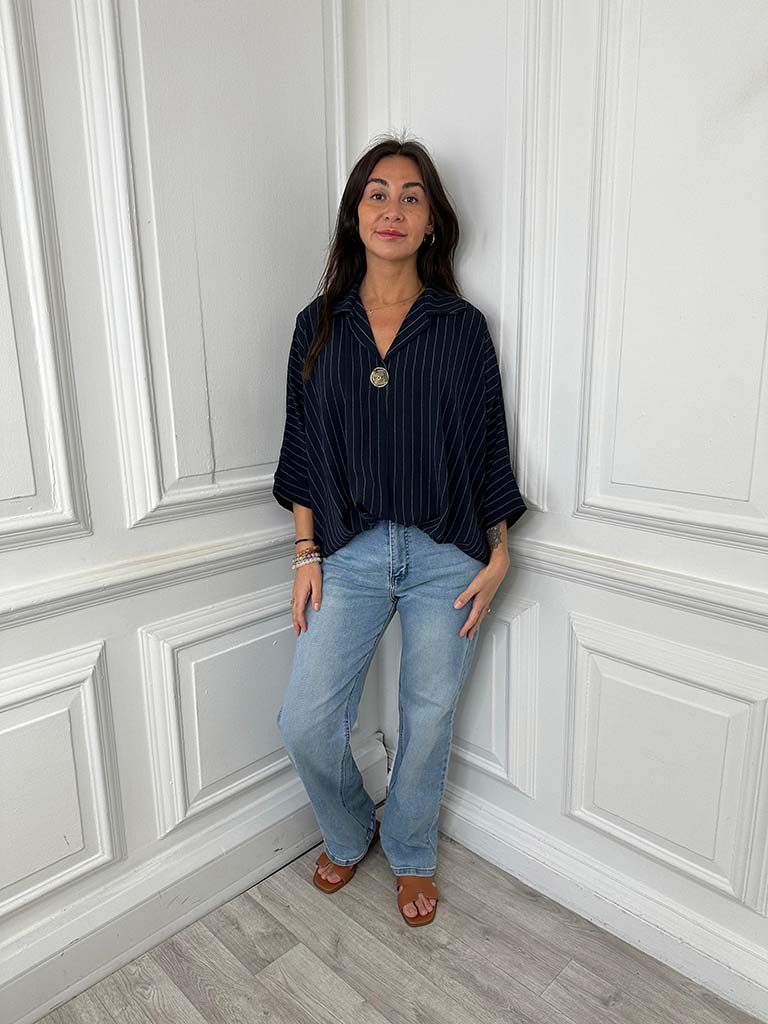 Pinstripe Button Top - Navy