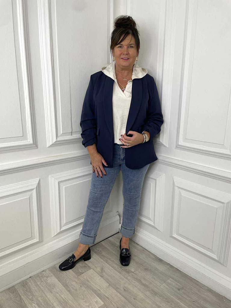 Ruched Sleeve Blazer - Navy