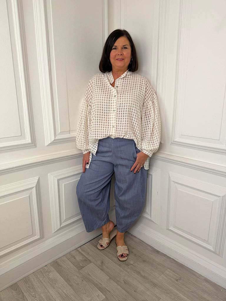 Gingham Balloon Sleeve Shirt - Stone