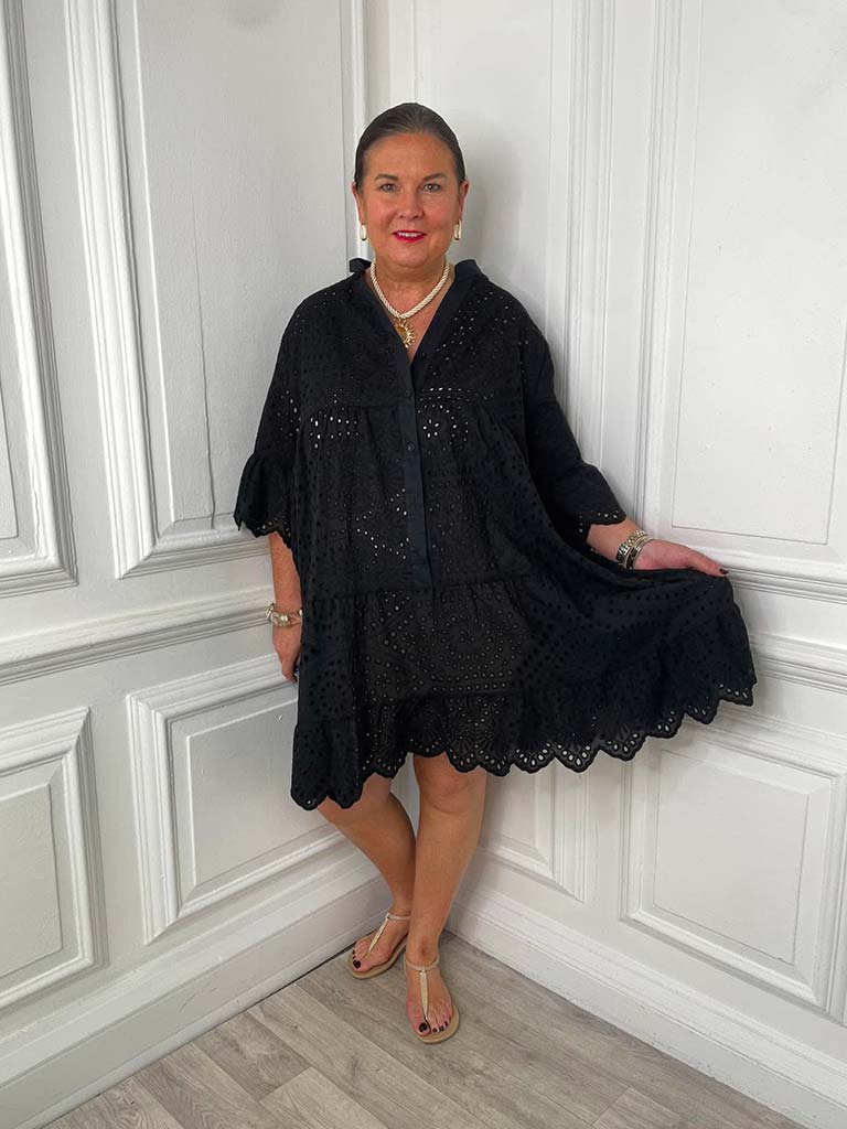 Broderie Anglaise Cotton Dress - Black
