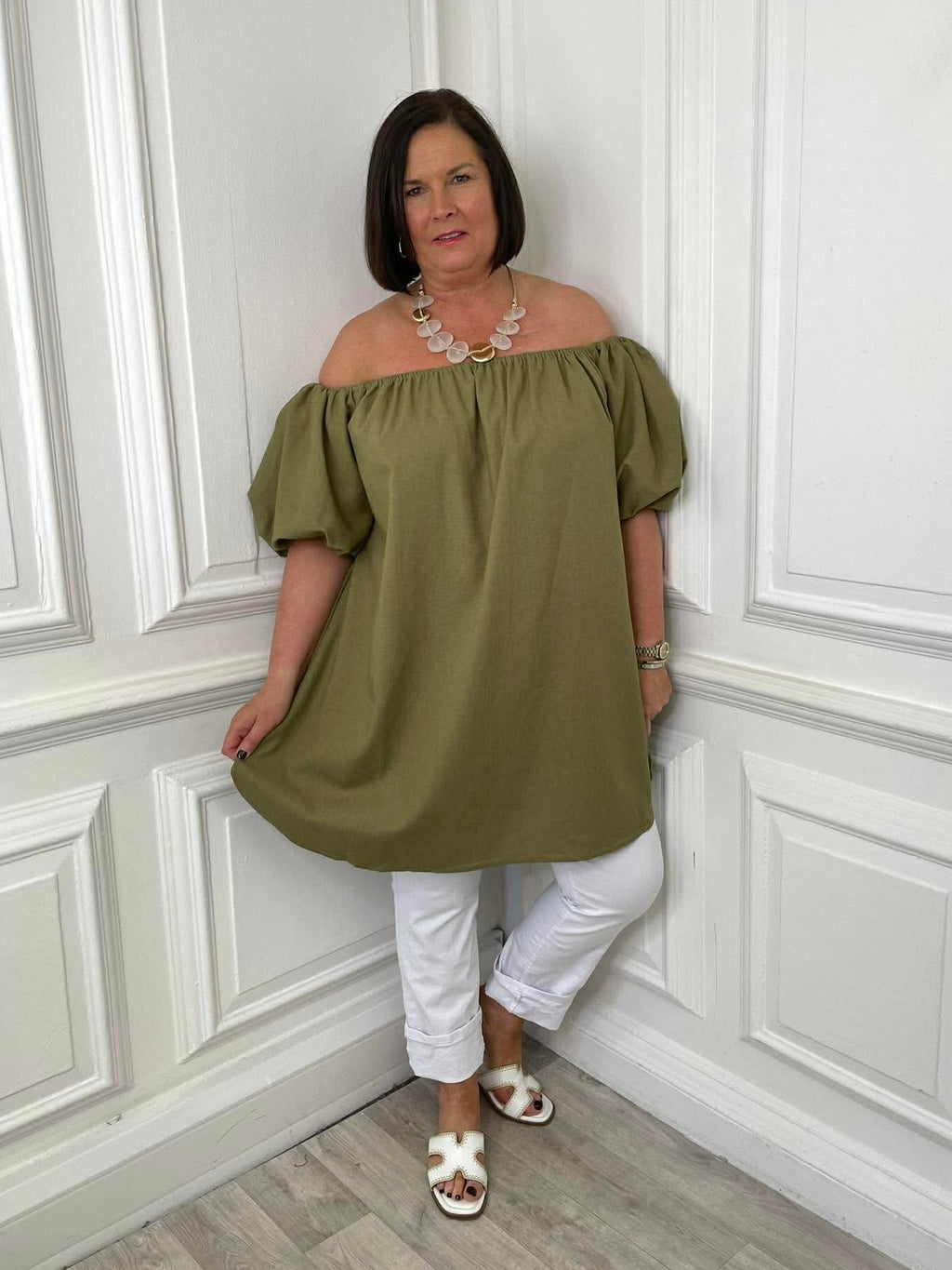 Khaki Bardot tunic with puff sleeves, relaxed fit for everyday wear, modern womens fashion style. - Bardot Puff Sleeve Tunic - Khaki