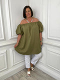 Khaki Bardot tunic with puff sleeves, relaxed fit for everyday wear, modern womens fashion style. - Bardot Puff Sleeve Tunic - Khaki
