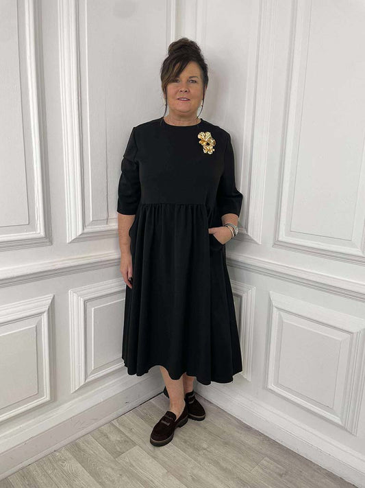 Gold Brooch Smock Midaxi Dress - Black