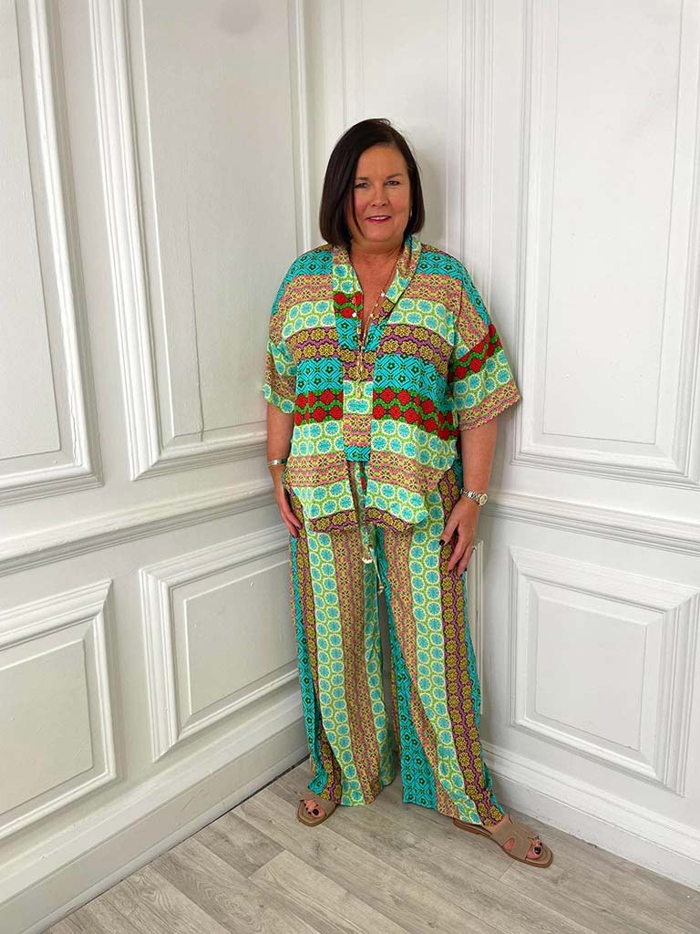 Malissa J Tile Print Wide Leg Trousers - Aqua
