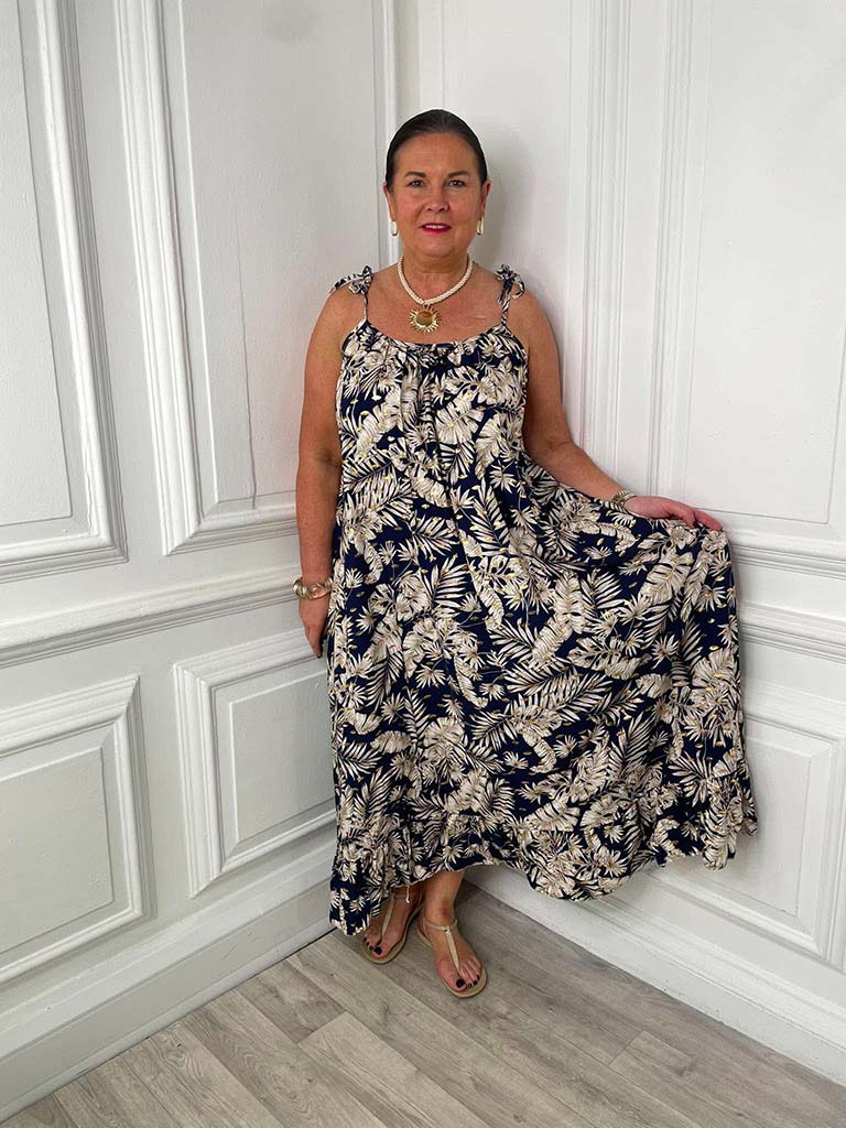 Botanic Gold Leaf Summer Dress - Navy