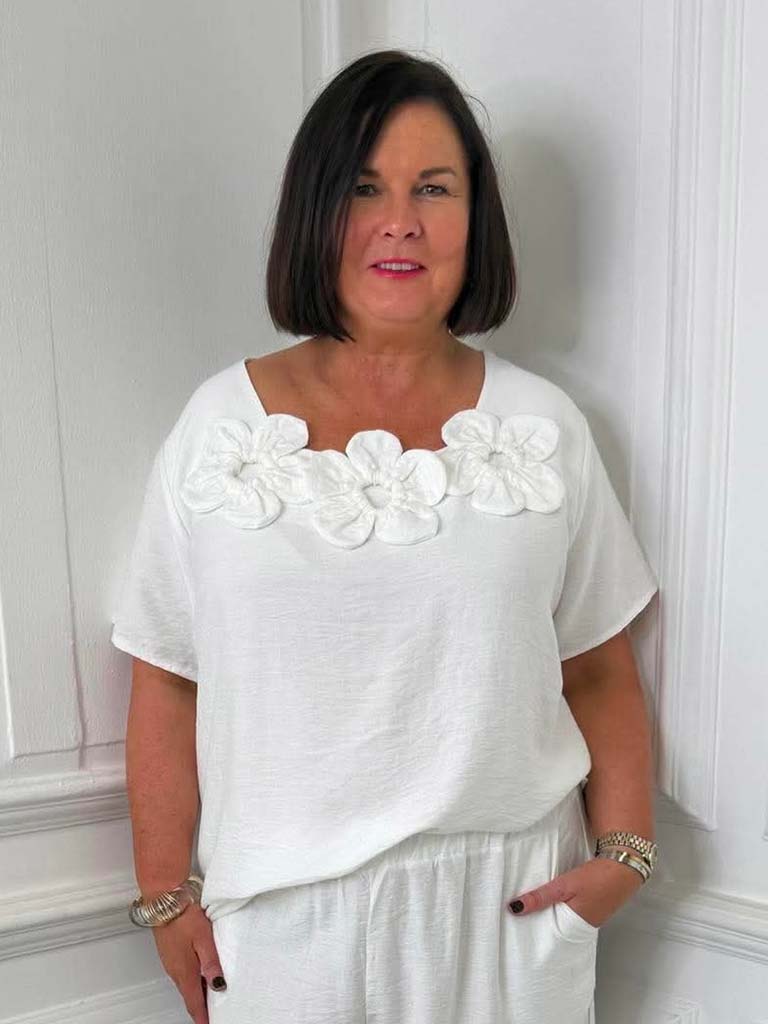 Flower Appliqué Shorts Co-ord - White